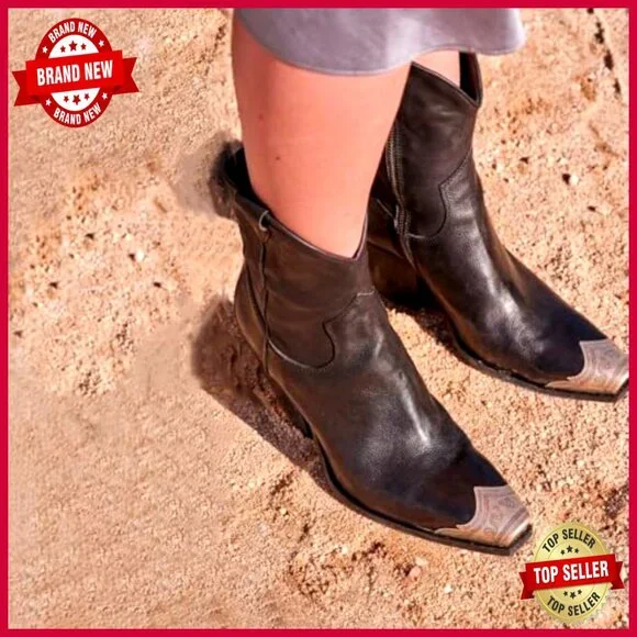 Western Cowgirl Ankle Boots Stacked Heel Steel Toe Side Zipper Booties - Picture 3 of 7